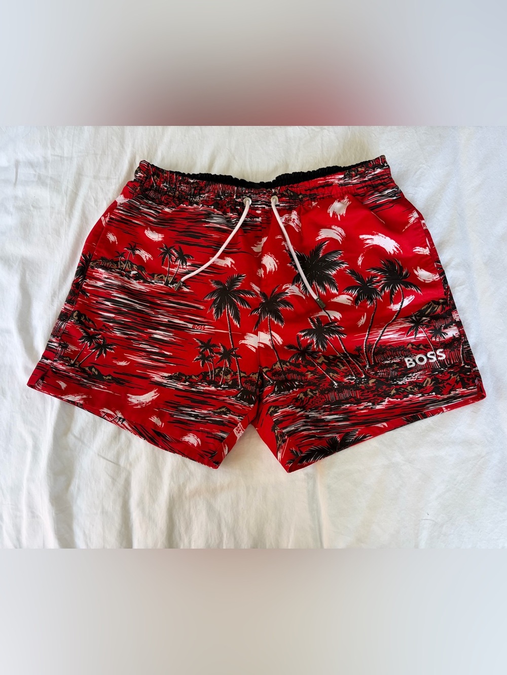 Boss Red Springfish Palm-Print Swim Trunks